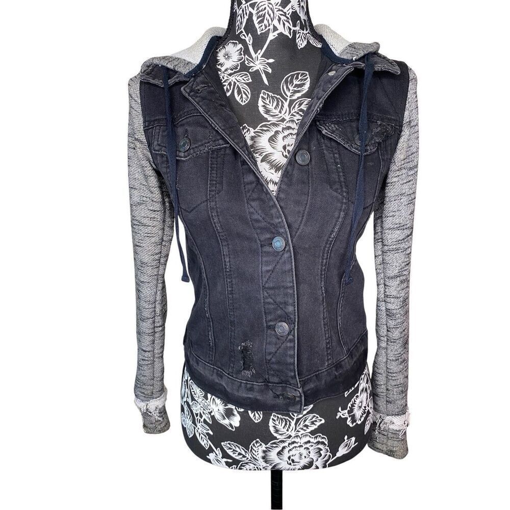 Mudd Black Denim Colorblock Hooded Jean Jacket Distressed Sweater Sleeve Grunge